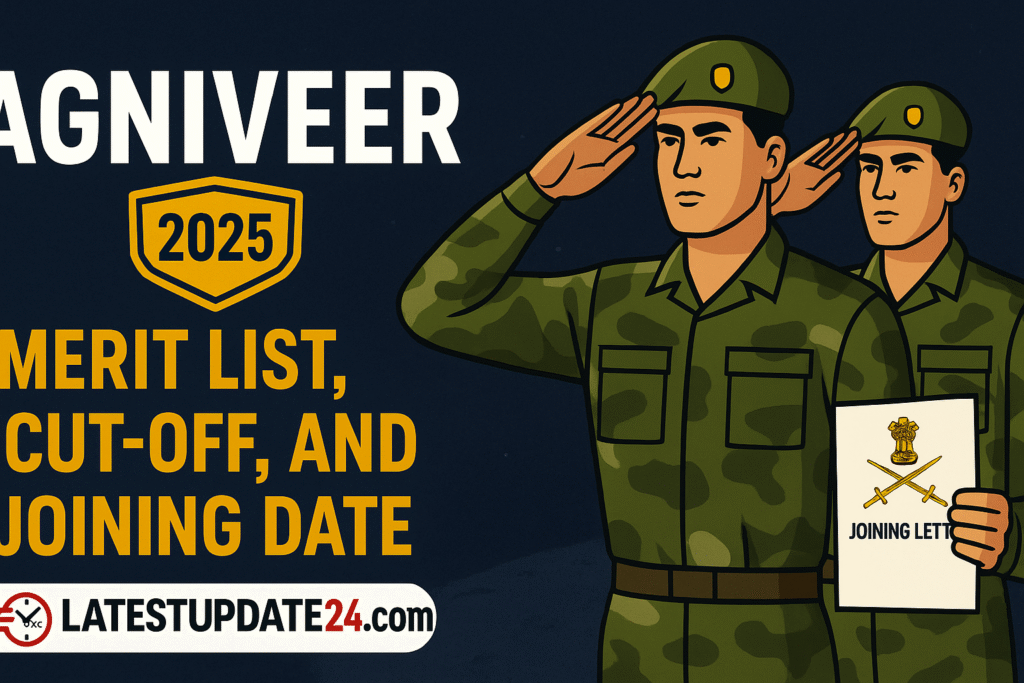 Agniveer 2025 recruitment infographic showing soldiers, cut-off marks, and joining letter with LatestUpdate24.com