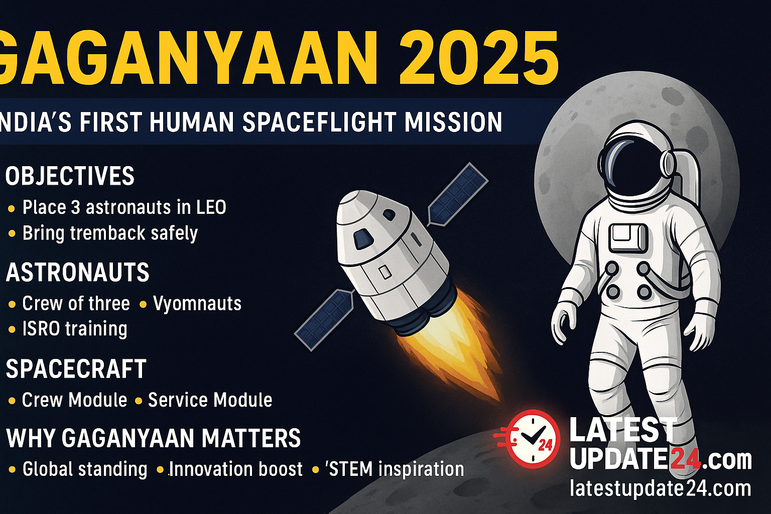 "Gaganyaan 2025 infographic showing India's first human spaceflight with astronaut, spacecraft, and LatestUpdate24.com branding"