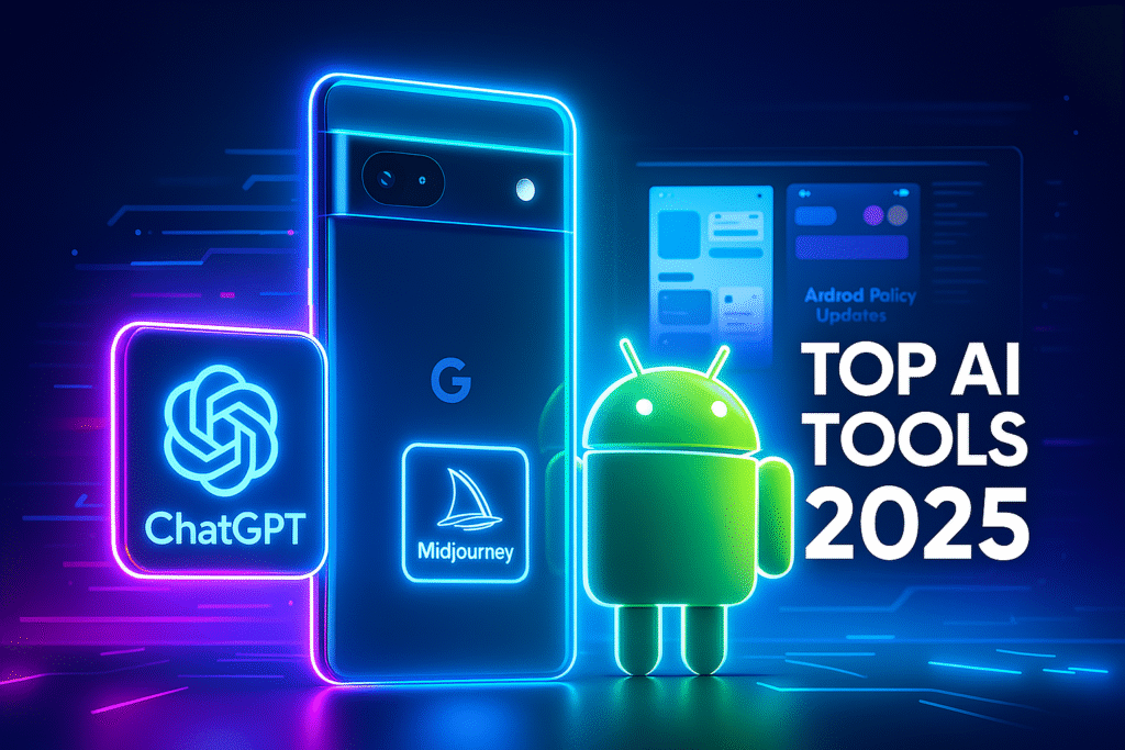 android _16 Google Pixel phone glowing with neon edges, Android robot mascot standing beside it