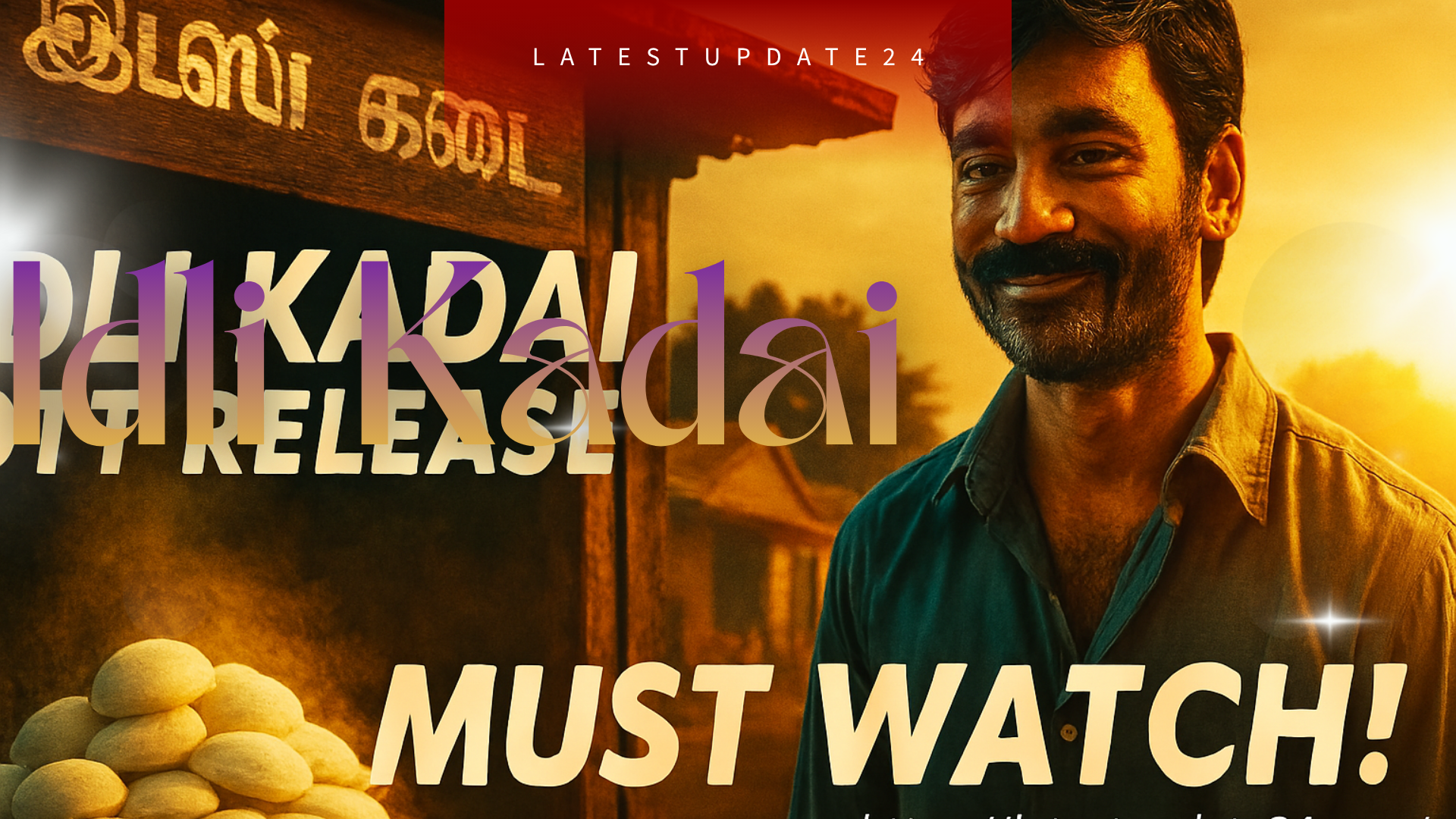 Idli Kadai Dhanush serving idli to a customer with a gentle smile