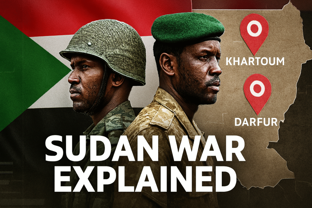 Sudan crisis thumbnail with map and breaking news headline.