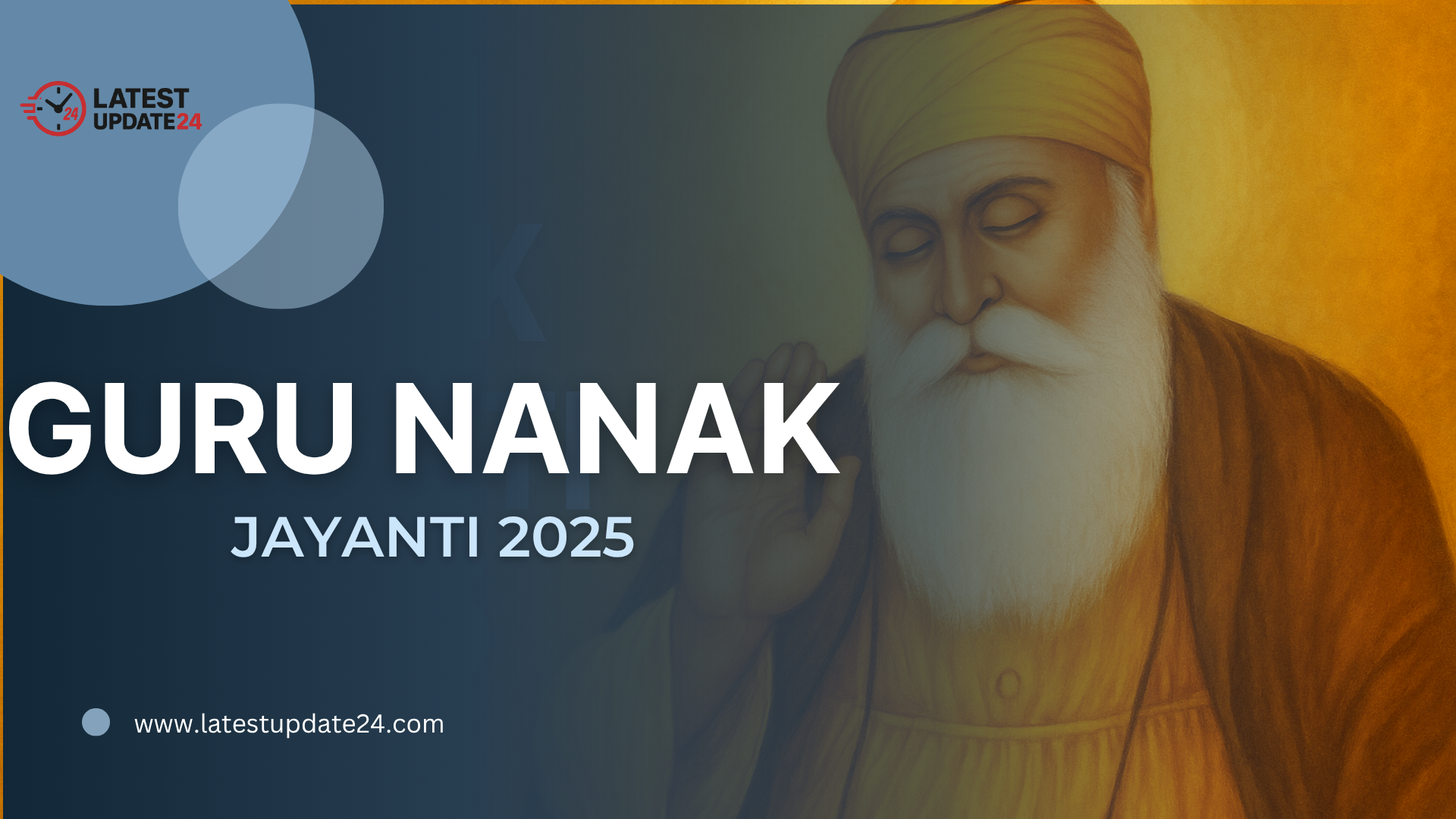 Guru Nanak Jayanti 2025 poster with Guru Nanak Dev Ji illustration and golden festive background